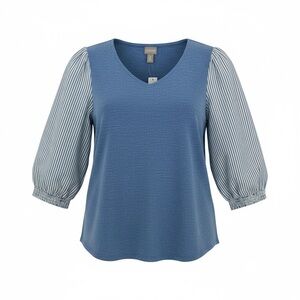CHICO'S Size 3 XL Ocean Drop 3/4 sleeve scoop neck shirt blue white NWT